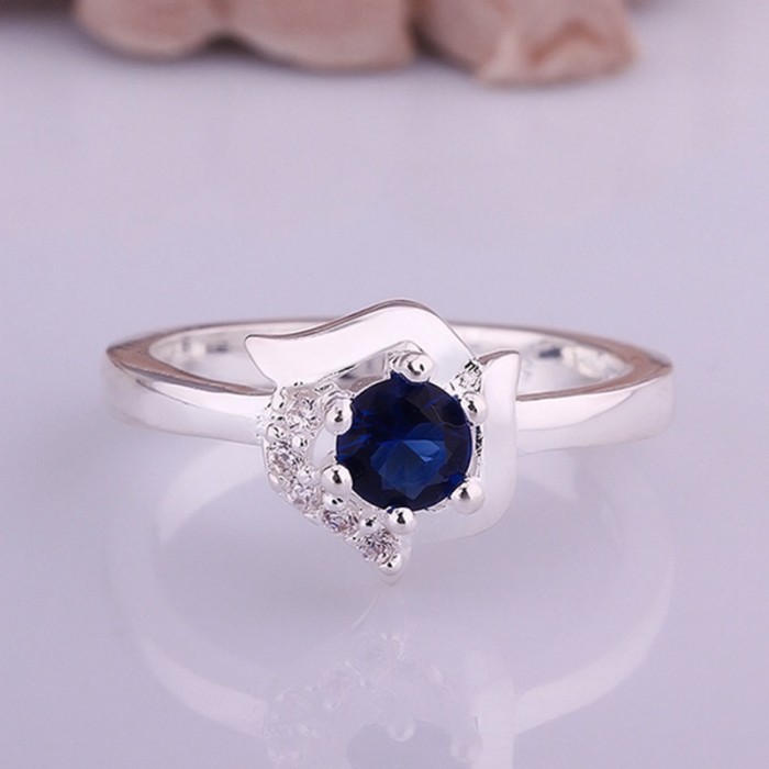 SR380 Fashion Silver Jewelry Blue Crystal Flower Rings For Women