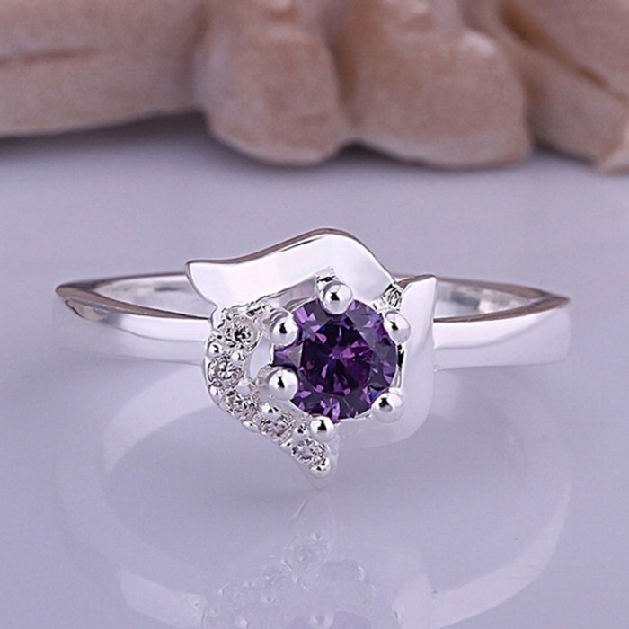 SR381 Fashion Silver Jewelry Purple Crystal Flower Rings For Women