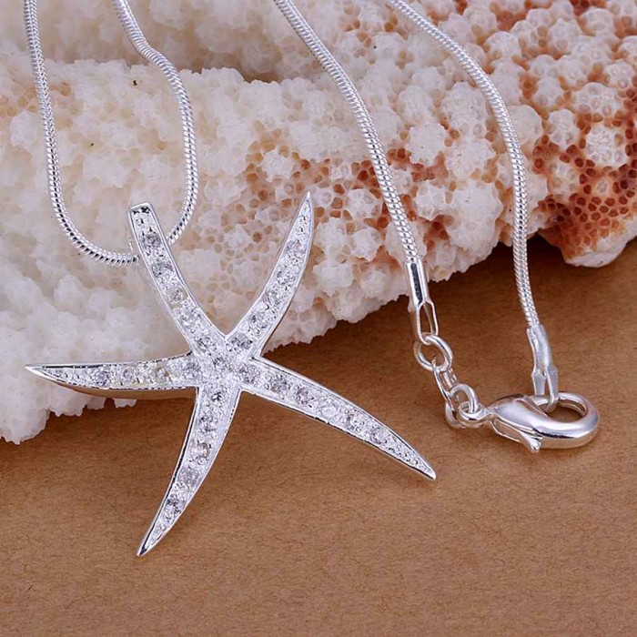 SP030 Fashion Silver Jewelry Crystal Starfish Chain Pendant Necklace