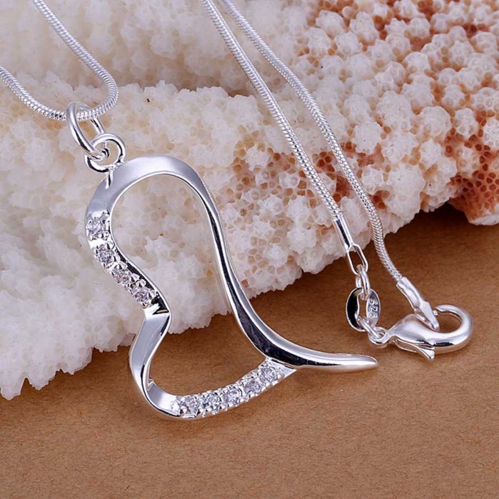 SP086 Fashion Silver Jewelry Crystal Heart Chain Pendant Necklace