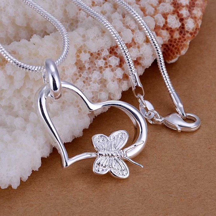 SP090 Fashion Silver Jewelry Butterfly Heart Chain Pendant Necklace