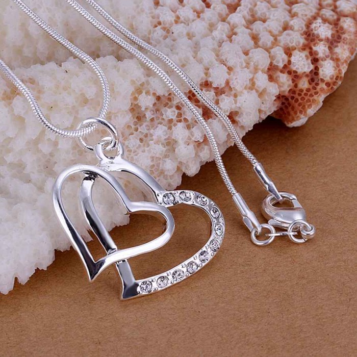 SP091 Fashion Silver Jewelry Crystal 2Heart Chain Pendant Necklace