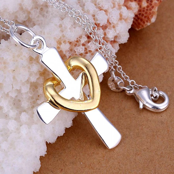 SP094 Fashion Silver Jewelry Gold Heart Cross Chain Pendant Necklace