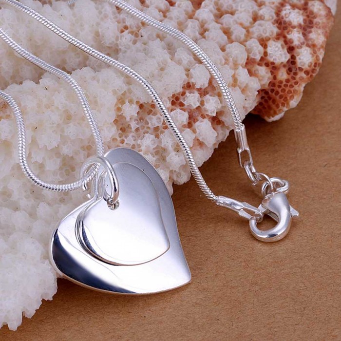 SP140-2 Fashion Silver Jewelry 2 Heart Chain Pendant Necklace